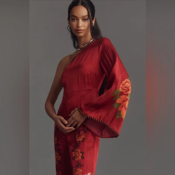 Anthropologie x Farm Rio One-Shoulder Printed Satin Rose Jumpsuit